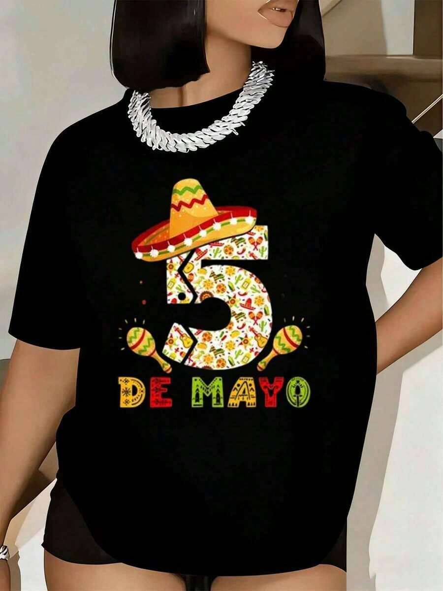 TrendyWomen T-Shirt With Cinco De Mayo Festival Print, Short Sleeve, Round Neck, Casual, For Summer Parties, Celebrations And Everyday Wear - 黑色 - 查看 1