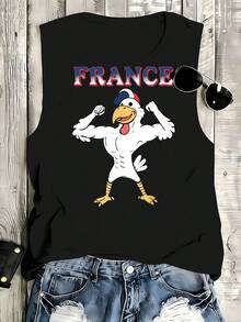French Rooster Emblem Blue White Red Sports Print Plus Size Women Slim Fit Crew Neck Sleeveless Vest, Casual Style, Machine Washable, Soft Comfortable Simple Outfit, Ideal For Summer Vacation Daily Wear - 黑色 - 查看 1