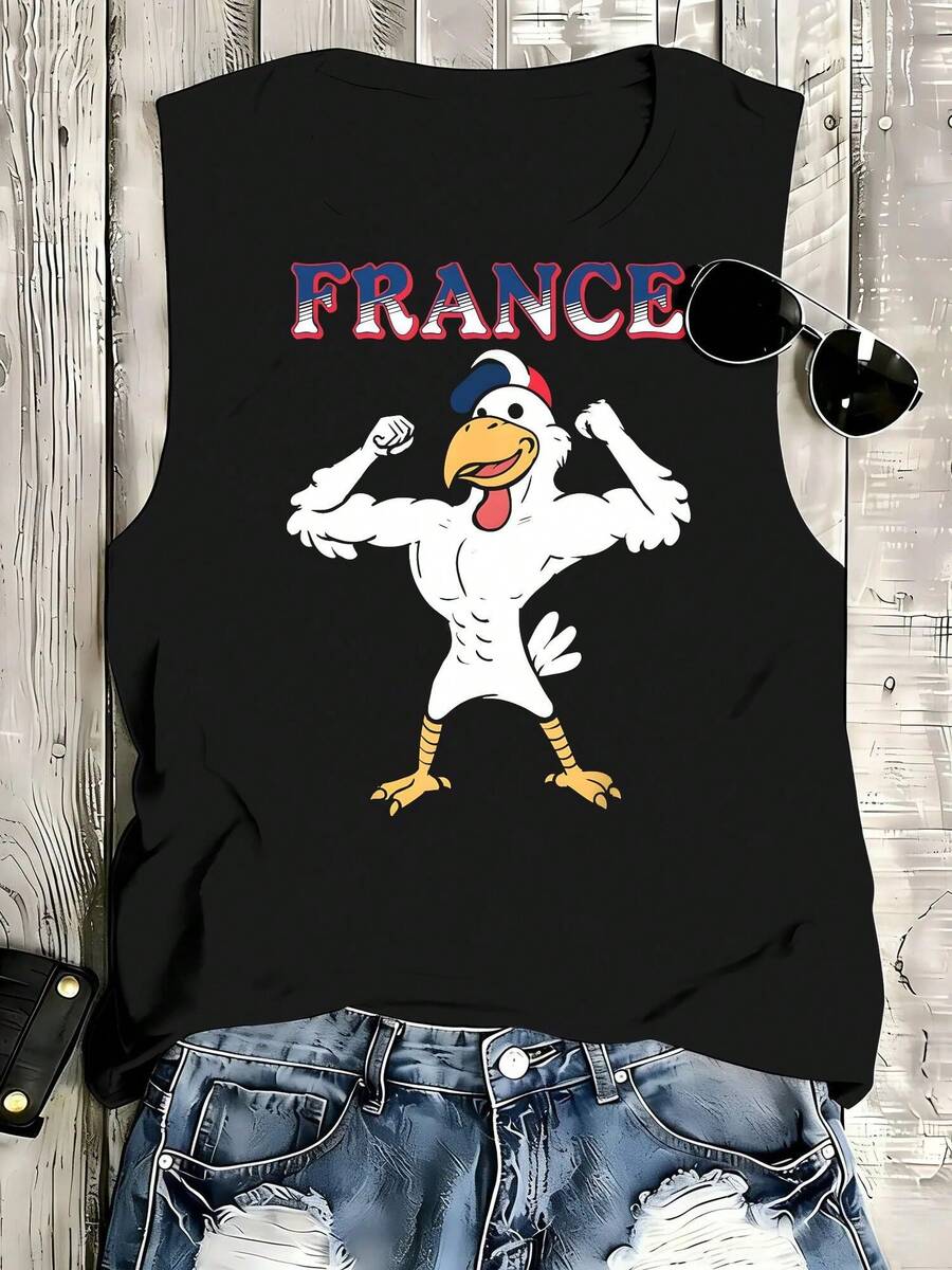 French Rooster Emblem Blue White Red Sports Print Plus Size Women Slim Fit Crew Neck Sleeveless Vest, Casual Style, Machine Washable, Soft Comfortable Simple Outfit, Ideal For Summer Vacation Daily Wear - 黑色 - 查看 1