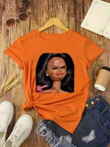 Doll Face Print Digital Print Short Sleeve Unisex Pure Cotton Loose And Comfortable - Orange - View 7