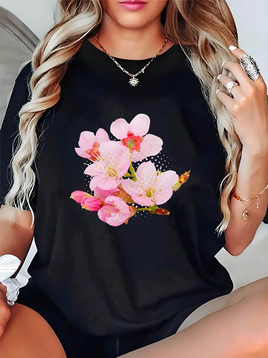 Plus Size - Plus Size, Women's Plus Size T-Shirt - Soft T-Shirt For Everyday Wear, Round Neck, Sheer Fabric, Suitable For Both Casual And Formal Wear - Casual Top For All Seasons, Suitable For Women, Women's T-Shirt, Versatile Garment, Loose Fit, Sheer Material, Comfortable Fabric, Short Sleeve T-Shirt, Geometric Pattern, Breathable Material, Basic T-Shirt, For Fashion Enthusiasts. - 黑色 - 查看 1