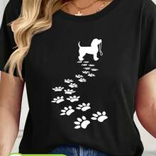 Camiseta Casual de Manga Corta para Mujer con Estampado de Silueta de Perro y Huella - Cuello Redondo en Rosa Suave, Ropa de Verano para Amantes de Mascotas, Lavable a Máquina, Ajuste Relajado, Tejido Transpirable - Negro - Ver 6