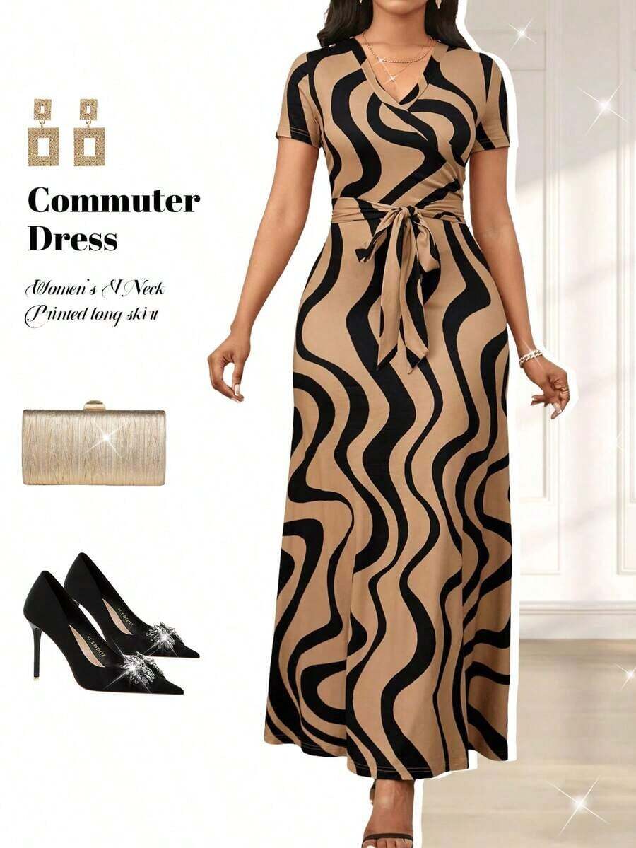 Fleurora Vestido maxi casual de manga corta con cuello en V y cintura con lazo, con estampado geométrico en color marrón para mujer - Marrón - Ver 1