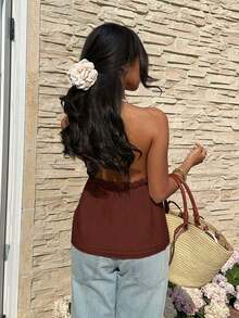 Top de tirantes con cuello halter y volantes de unicolor para mujer - Marrón - Ver 2