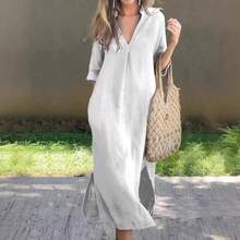 Women's Summer Bestseller Dress With Side Slits, V-Neck, 7/8 Sleeves, And Pleated Bust - 黑色 - 查看 3