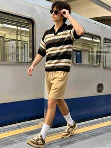 男士條紋短袖鏤空休閒針織上衣 - 黑與白 - 查看 7