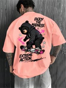 1 pieza de camiseta de hombre 100% algodón puro, estilo urbano, con estampado de oso, grafiti y letras, vibrante y juvenil, una prenda esencial para los chicos amantes del skateboarding. - Blanco - Ver 10