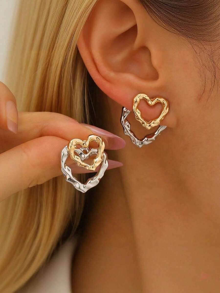 1 Pair Fashionable Gold & Silver Combination Heart Pleated Design Earrings For Women - Multicolor - View 1