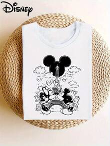 Disney-Licensed, Printed, Soft And Stretchy Short-Sleeved Top With Mickey And Minnie Motifs, Stylish Short-Sleeved T-Shirt With A Round Neck For Women - 白色 - 查看 6
