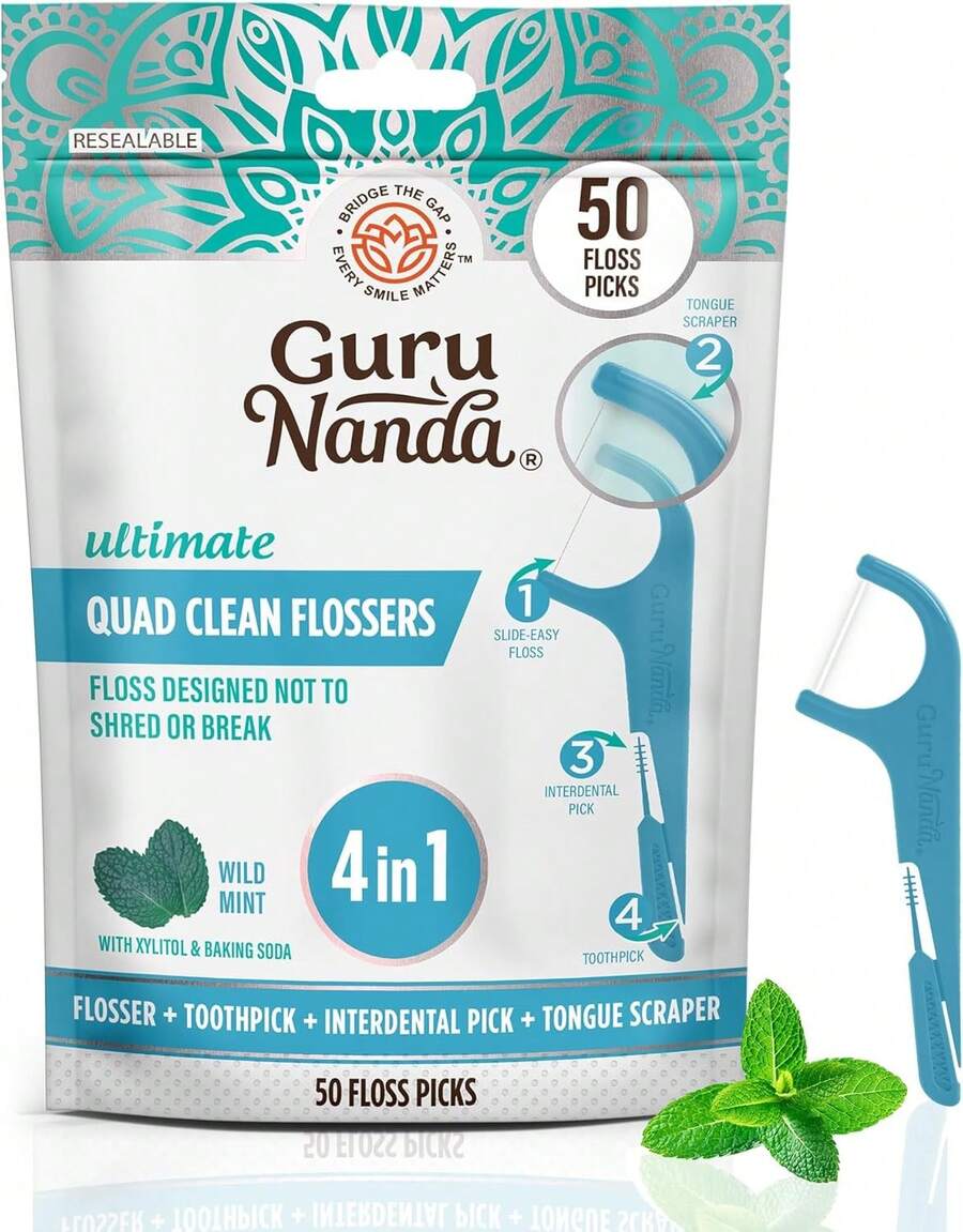 Quad Clean Floss Picks 4-In-1 With Tongue Scraper, Interdental Pik & Toothpick, Non-Shred Dyneema Thread, With Xylitol & Baking Soda, 50ct - 1 Foot (Pack Of 50) - View 1