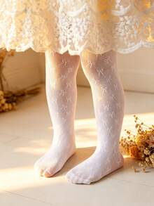 1件 春夏兒童緊身褲，甜美可愛白色蝴蝶結裝飾，超薄時尚休閒運動百搭網眼褲襪，適合日常穿著/節日禮物/返校/婚禮季節 - 白色 - 查看 2