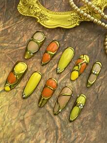 10pcs Women's Almond-Shaped Press-On Nails, Acrylic Fake Nails With Metallic Gold Line Design And Mini Rhinestones, Warm Yellow-Orange Color Block Retro Metallic Frame, Handmade Vintage Fashion Nail Stickers, Nail Art Supplies - Multicolor - View 2