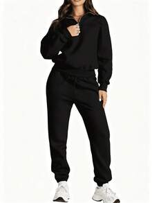 Women's Two-Piece Tracksuit With Half Zip And Matching Pants - 黑色 - 查看 3