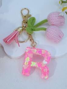 Initial Heart Keychain, Tulip Tassel Bag/Car Key Chain, Cute Accessory Gift For Friends, Mom, Teacher, Birthday - Pink - View 19