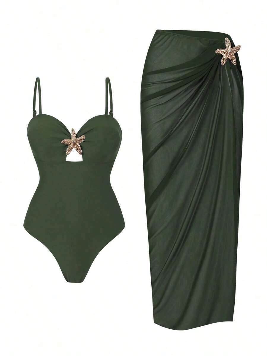 Swim Set de 2 piezas de vestido largo y traje de baño de alta gama con tirantes finos y decoración de estrella de mar, unicolor para mujer en verano - Verde militar - Ver 1