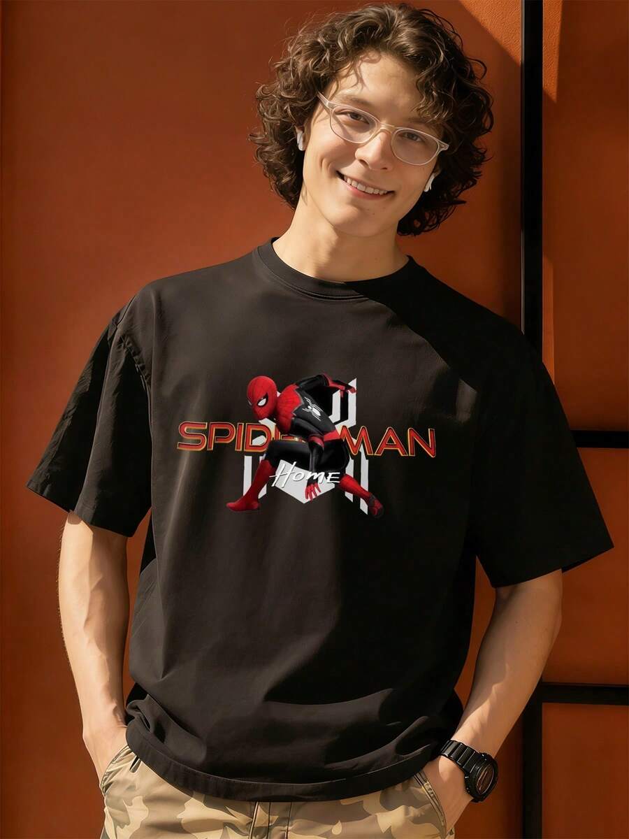 Spider Man Action Pose Logo Graphic T Shirt 100 Percent Cotton T Shirts For Men MARVEL  Marvel Universe  Superhero Men Summer Clothes Men's Clothes Mens Tops Streetwear Mens Gift Ideas Innerwear Or Outfits,Mens Fashion - màu đen - Xem 1