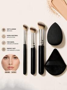 Bộ 5 cọ trang điểm + bông mút trang điểm + bông phấn | Bộ cọ nền đa năng | Thích hợp dùng cho kem nền/che khuyết điểm/phấn má hồng | Dụng cụ trang điểm thiết yếu khi đi du lịch dành cho nữ | Lông cọ mềm mại, mật độ cao - Nhiều màu - Xem 7