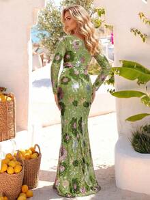 Romagic Multi-Color Olive Green Sequin Long Sleeve Round Neck Maxi Evening Dress, Floor Length Formal Gown For Weddings, Galas And Parties - Olive Green - View 5