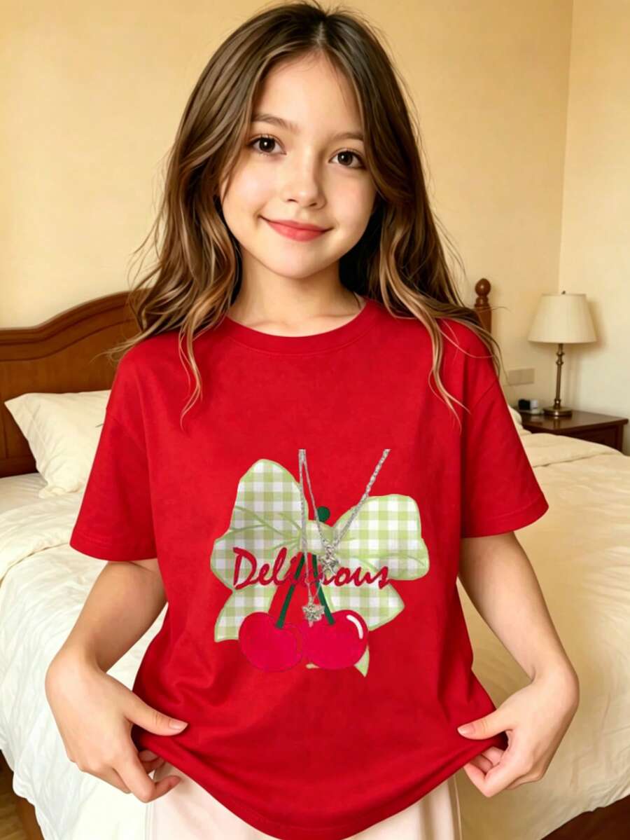 Delicioso Patrón de Cereza Impreso Camiseta estampada para niños - Rojo - Ver 1