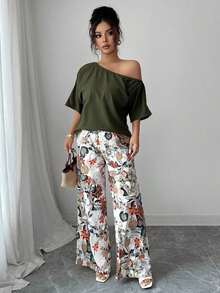 VCAY Set de 2 piezas Blusa de cuello asimétrico de color liso y Pantalones con estampado floral, conjunto casual para mujer - Morado - Ver 10