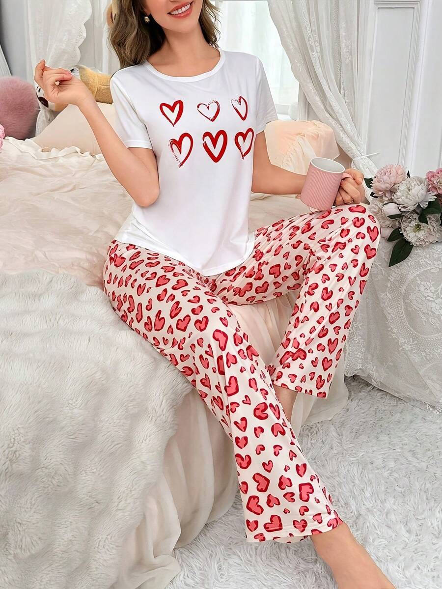 白色印花短袖上衣與長褲兩件組女款睡衣居家服 - 白色 - 查看 1