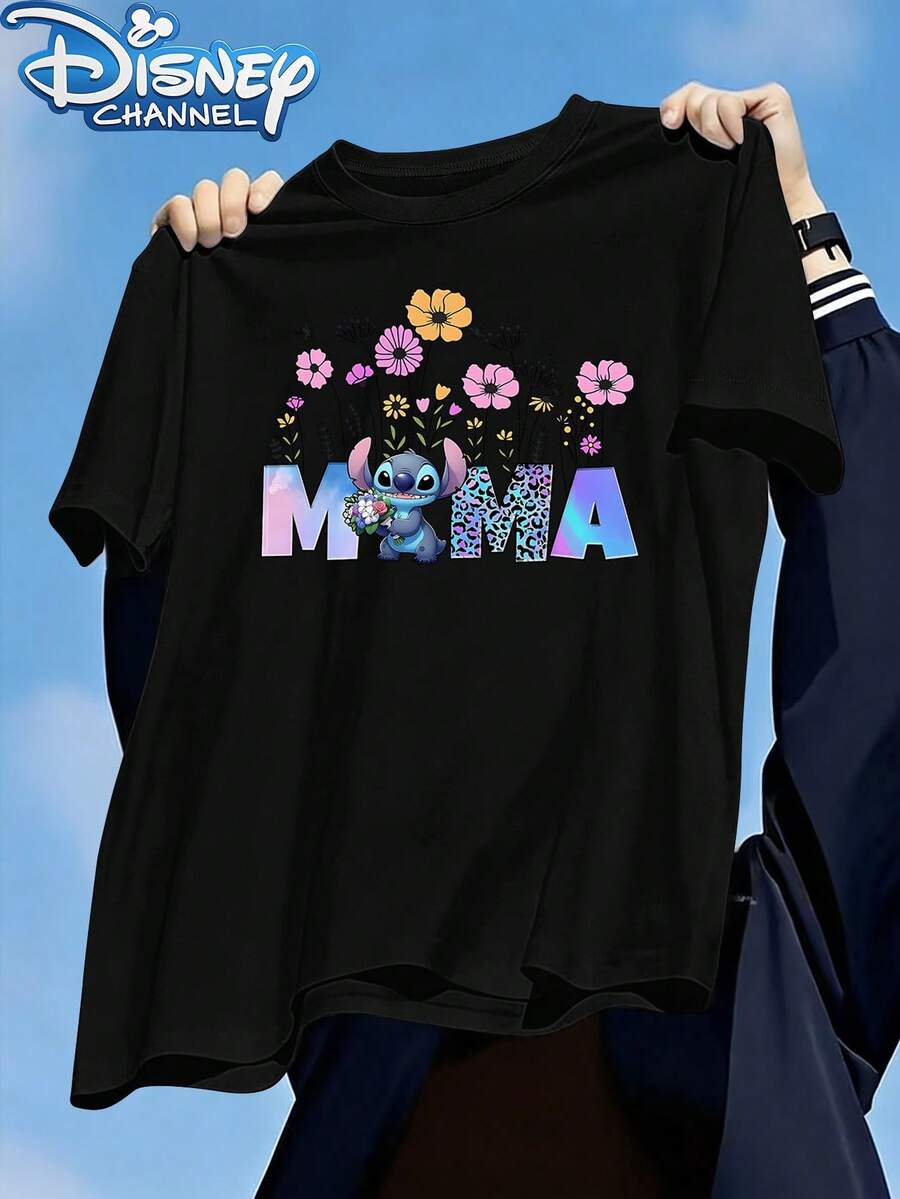 Disney Star Baby Stitch Mama Text Floral Warm Print Men's T-Shirt, Fashionable Design, Simple And Versatile, Fashionable Design, Crew Neck T-Shirt In Twill Fabric For Men, Summer Casual T-Shirt For Men - 黑色 - 查看 1