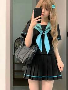 1件套JK女童校服短袖衬衫和百褶裙套装，带领结和荷叶边，基础水手服款式，适合年轻女孩，可用于拍照、派对、角色扮演、表演等场合，黑色春季款 - 黑色 - 查看 3