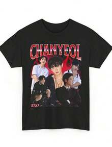 Retro 90er Jahre Chanyeol T-Shirt - EXOA Shirt, perfektes Geschenk für jeden Anlass, interessanter grafischer Druck, dieses Y2K Street Hip-Hop Stil T-Shirt ist sowohl für Männer als auch für Frauen geeignet, reines, lässiges, modisches Sommer T-Shirt - Schwarz - Übersicht 1