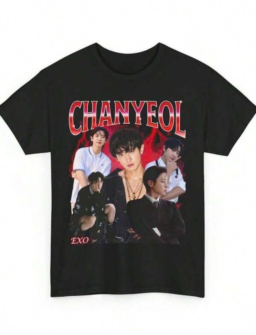 Retro 90er Jahre Chanyeol T-Shirt - EXOA Shirt, perfektes Geschenk für jeden Anlass, interessanter grafischer Druck, dieses Y2K Street Hip-Hop Stil T-Shirt ist sowohl für Männer als auch für Frauen geeignet, reines, lässiges, modisches Sommer T-Shirt - Schwarz - Übersicht 1