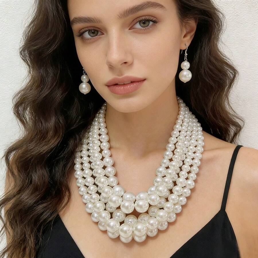 1 chiếc vòng cổ ngọc trai nhiều lớp màu trắng, sang trọng dành cho nữ, thích hợp làm quà tặng dự tiệc, đám cưới, đi học. - Dây chuyền 7 lớp màu trắng - Xem 1