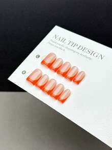 10 Pieces Of Handmade Nails, Short Square Shaped Press-On Fake Nails, Simple And Classic Style, Smooth And Glossy Nails, Nude Base With Orange French Nails, It Is A Manicure Product Suitable For Women And Girls To Wear Every Day, With A Nail Set - Multicolor - View 5