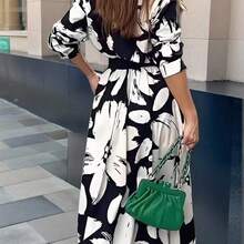 . .  Clasi Vestido de mujer con diseño floral grande, de corte holgado y con lazo en la cintura, de estilo elegante y casual - Multicolor - Ver 3