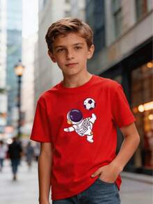 Black Short-Sleeved T-Shirt For Boys, Casual Urban Style, With  Graphic Of An Astronaut Playing Football, Children's Clothing For Boys Aged 5 To 13 Years - 白色 - 查看 7