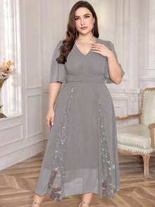 Vestido largo elegante de fiesta casual con cuello en V y dobladillo con volantes para mujer de talla grande - Gris - Ver 5