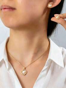 3 pièces/set Collier et boucles d'oreilles minimalistes à la mode avec faux perles, ensemble de collier pendentif et boucles d'oreilles au design unique et élégant, cadeau pour amis et petites amies - Style 8 - Voir 5