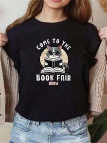 Fashion 1 Piece Casual Short Sleeve T-Shirt With Round Neck And 'Librarian, Library Cat Come To The Book Fair' Print, Sporty Style, Elegant Casual Wear For Women, 210g 100% Cotton, All Designs Are Printed. Unisex. Simple Solid Color Women's T-Shirt, Loose Fit, Short Sleeve Casual. - 黑色 - 查看 1