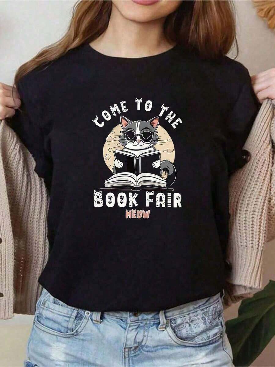 Fashion 1 Piece Casual Short Sleeve T-Shirt With Round Neck And 'Librarian, Library Cat Come To The Book Fair' Print, Sporty Style, Elegant Casual Wear For Women, 210g 100% Cotton, All Designs Are Printed. Unisex. Simple Solid Color Women's T-Shirt, Loose Fit, Short Sleeve Casual. - 黑色 - 查看 1