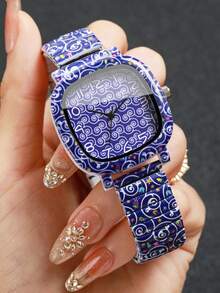 1pc Women's Printed Square Quartz Watch, Elastic Strap Unique Numeric Dial Niche Design Wristwatch, Delicate Gift For Girlfriend (1pc/Set) Watch Box Not Included - Blue - View 3