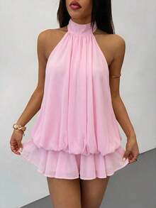Elegant Sleeveless Mini Dress With Tie Collar In Pale Yellow, Suitable For Parties, Dates, Autumn/Winter And Spring/Summer - 粉色 - 查看 5