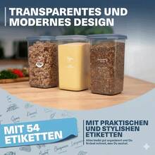 EVLINYA Peggy Aufbewahrungsdosen Set 36-teilig – Mix aus 4 Größen (1750 ml/1200 ml/550 ml/450 ml) für Küche & Vorratskammer, stapelbare, transparente Vorratsbehälter mit Deckel zur Organisation von Pasta, Reis, Müsli, Backzutaten, Snacks & Gewürzen – inkl. 54 Etiketten – mit Gewürzdosen mit Dosierdeckel - Übersicht 5