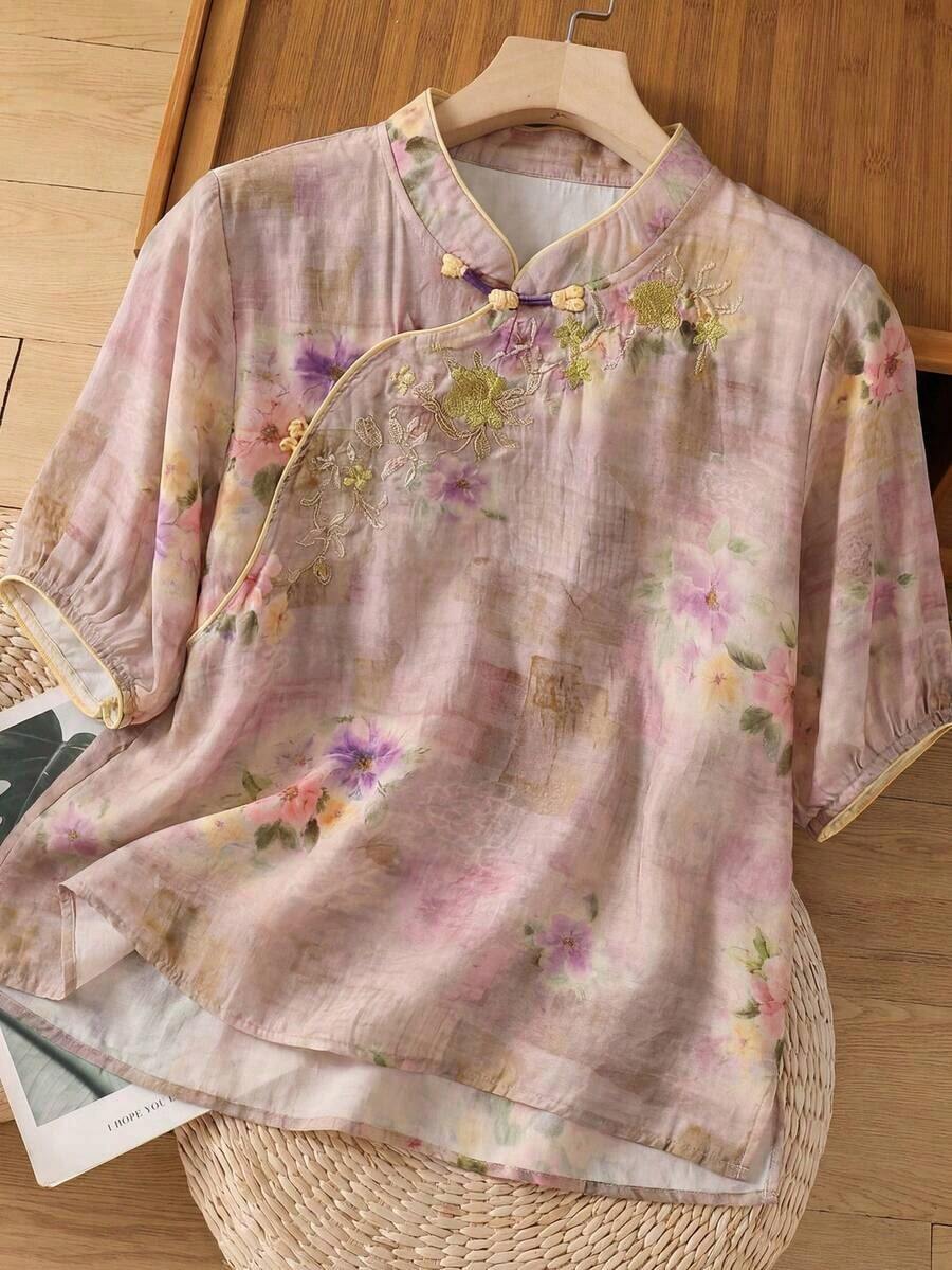 Regalo para mamá Blusa de estilo chino con flores de verano, elegante blusa bordada de manga corta para vacaciones, uso diario y reuniones familiares - Morado - Ver 1