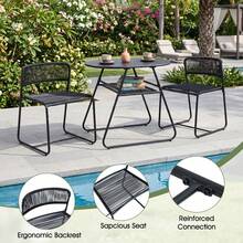 COSTWAY 3-Piece Patio Bistro Set, Outdoor PE Rattan Furniture Set With Solid Metal Frame & Adjustable Foot Pads, 2-Tier Coffee Table & 2 Stackable Chairs For Porch, Garden, Balcony, Backyard, Black - Black - View 3