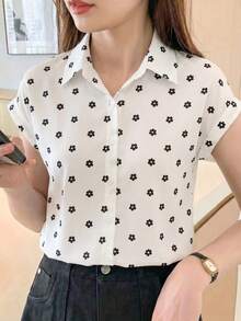 Áo sơ mi nữ dáng suông không tay cổ ve họa tiết hoa nhí, kiểu dáng thanh lịch mùa hè, áo blouse trắng in họa tiết dành cho công sở. - trắng - Xem 6