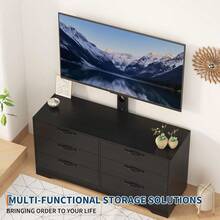 Diseño elegante y funcional - Mueble TV moderno con soporte, centro de entretenimiento de 120 cm, cómoda de 6 cajones de ratán para TV de 32-85", gran capacidad de almacenaje - Negro - Ver 8