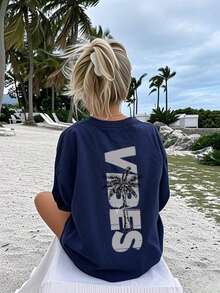 Women's Minimalist Coconut Tree Slogan Print Casual Round Neck Short Sleeve T-Shirt, Simple & Versatile, Suitable For Daily & Holiday Wear. Graphic Tee, Women, White, Black, Pink Summer Vacationsummer Outfits For Women 0SJU - 藏蓝色 - 查看 4