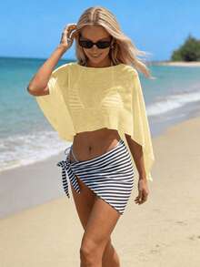 (Lightweight Style) Women's Sexy Knit Sleeveless Cropped Sheer Cover Up, Suitable For Spring/Summer Commuting Vacation Beach, Vacationcore Yellow - Yellow - View 4