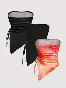 MOD 4 piezas Parte superior corta ajustada tipo tubo, con lazo en la cintura, top bandeau estampado, top corto sin tirantes, paquete de 4 tops bandeau tipo tubo para mujer con detalle de fruncido y cordón, estampado floral, para primavera/verano, té, salir - Multicolor - Ver 3