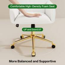 Vanity Chair With Wheels & Pillow In Velvet, Home Computer Chairs For Indoor, 360°Swivel Office Chair Adjustable Height  Modern Office Cute Desk Chair With Back & Gold Base For Makeup Room - 白色 - 查看 6
