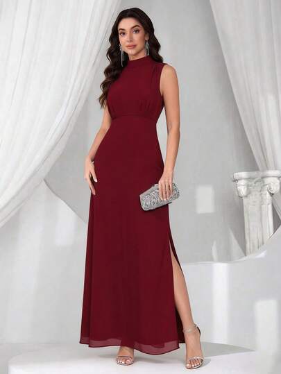 Women's Classic Elegant Sleeveless High Neck High Slit Dress, Formal Party Gown, Suitable For Birthday, Wedding Guest, Formal Dinner, Graduation Ceremony, Holiday Gathering And Other Occasions
