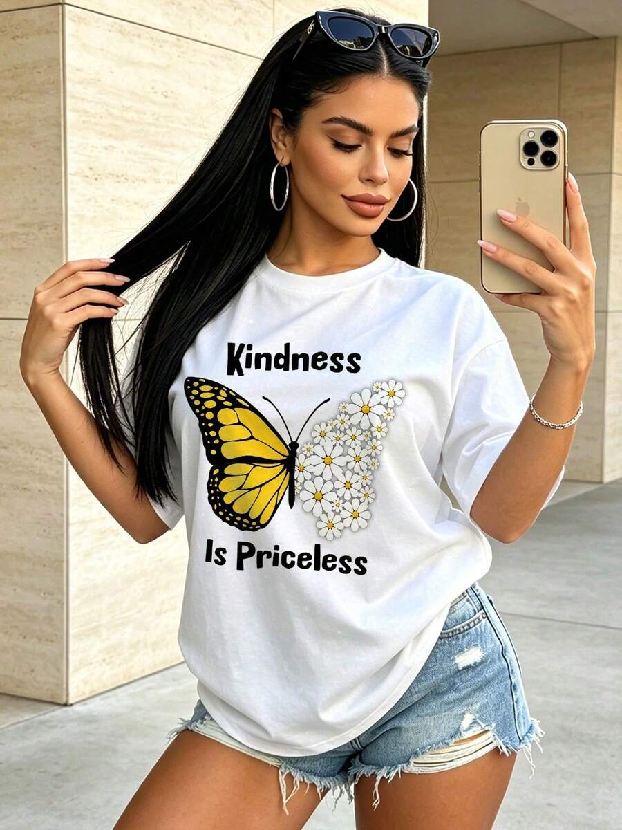 Women's Summer Casual Soft Round Neck Short Sleeve T-Shirt,Kindness Butterfly Daisy Print Graphic Suitable For Spring And Summer.White - White - View 1